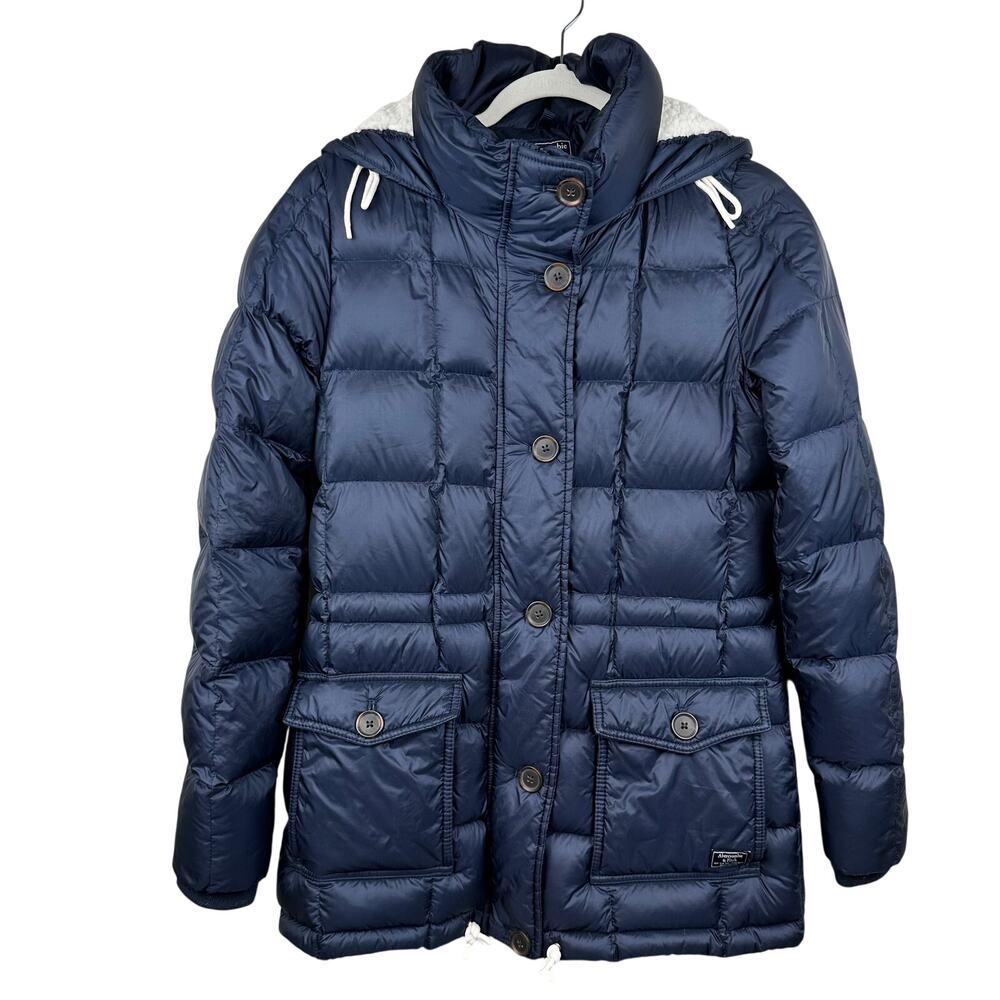 Abercrombie & Fitch Women's Down Filled Quilted Puffer Coat Jacket Hooded Navy M